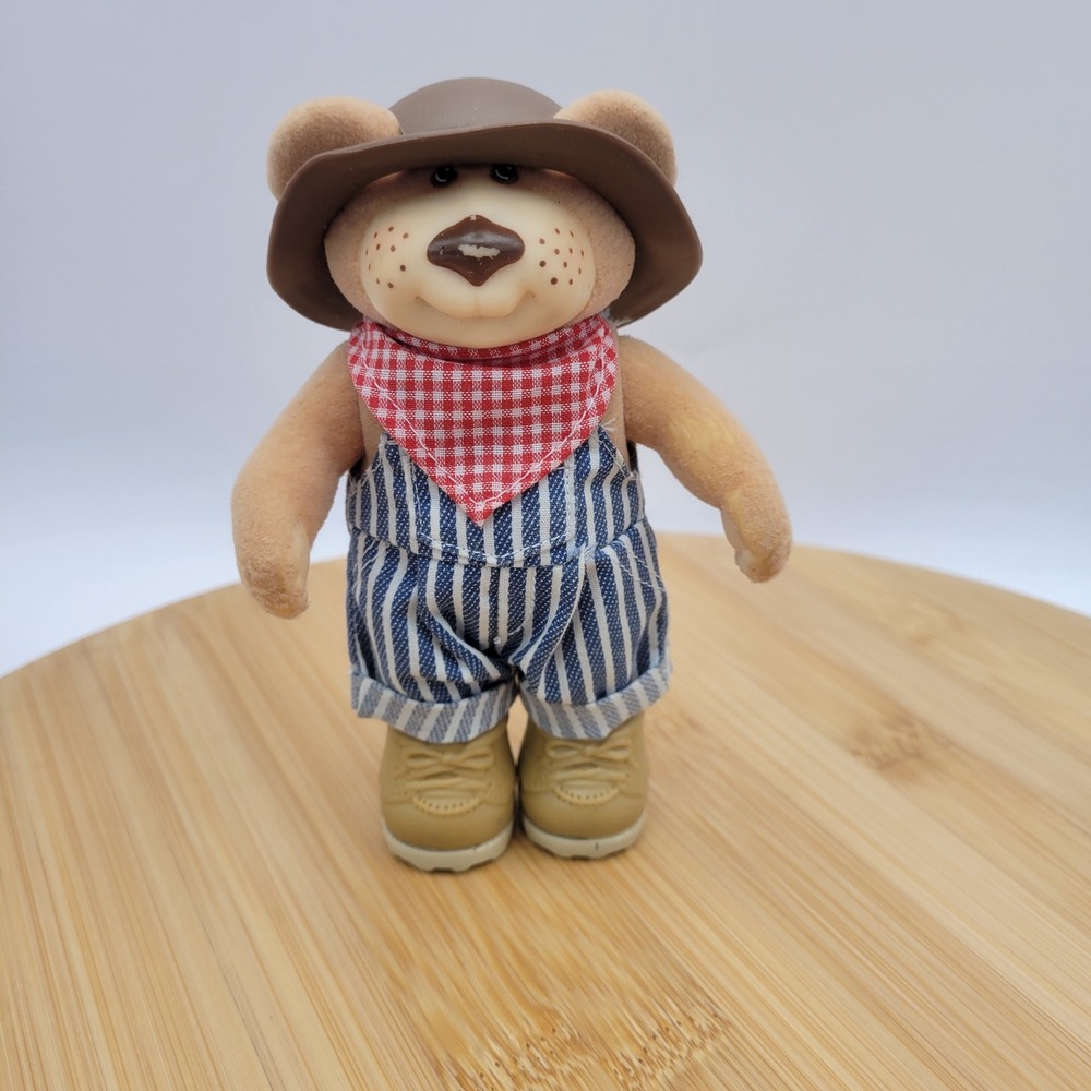 Vintage FurSkins Bear Xavier Roberts 1980s Flocked Teddy Bear Overalls Hat 6.5"
